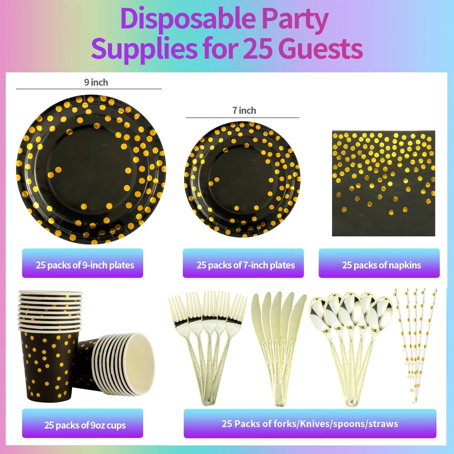 200Pcs Tableware Set Party Supplies Happy Birthday Dinnerware Disposable Paper Plates, Napkins, Cups, Plastic Forks Knives Spoons Straws, Party Decorations for Kids Party Favor for 25 Guests