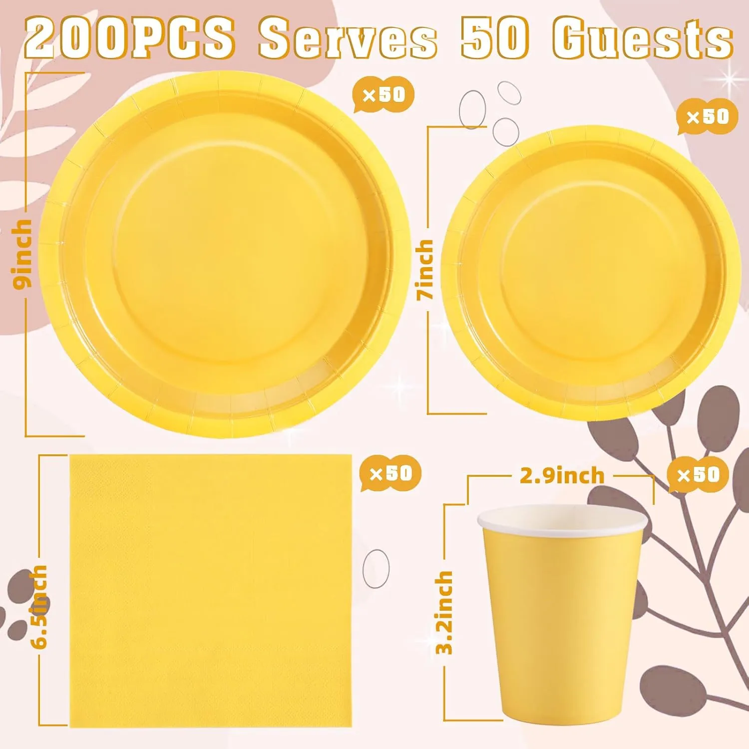 200Pcs Yellow Birthday Decorations, Yellow Plates and Napkins Party Supplies Serves 50, Yellow Paper Plates for Bee Sun Sunshine Baby Shower Easter Mardi Gras Spring Summer Party Decorations