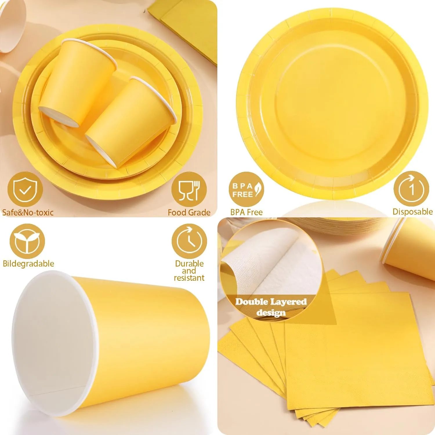 200Pcs Yellow Birthday Decorations, Yellow Plates and Napkins Party Supplies Serves 50, Yellow Paper Plates for Bee Sun Sunshine Baby Shower Easter Mardi Gras Spring Summer Party Decorations
