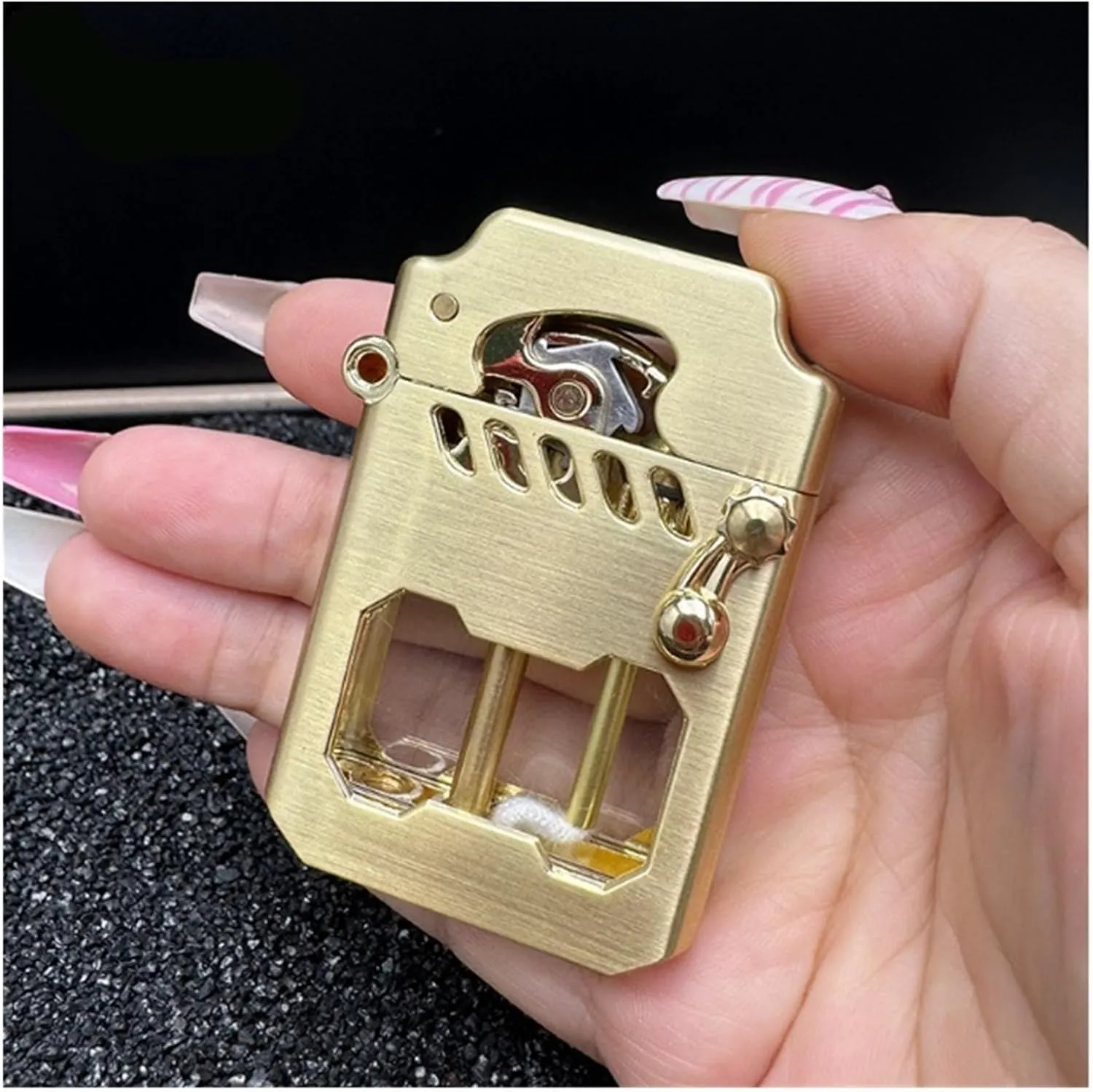 2024 old-fashioned metal kerosene lighter with fuel observation window, rocker linkage transmission gear ignition lighter, recyclable kerosene lighter, suitable for wilderness, travel, camping (fuel n