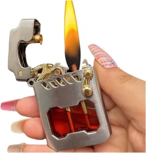 2024 old-fashioned metal kerosene lighter with fuel observation window, rocker linkage transmission gear ignition lighter, recyclable kerosene lighter, suitable for wilderness, travel, camping (fuel n