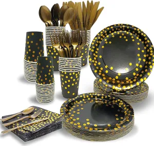 2025 Graduation Party Supplies Tableware Set Decorations Black and Gold party Supplies 350 Pcs Disposable Paper Plates Napkins Gold Fork Knives Spoon, Serves 50