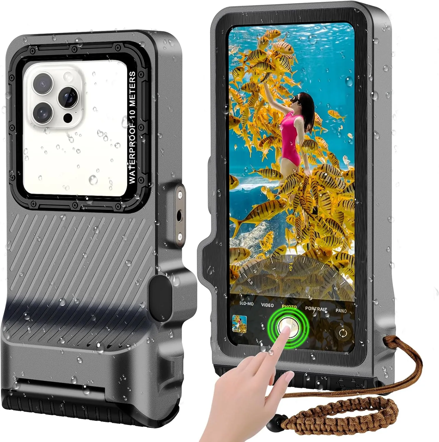 2025 Professiona Waterproof Phone Case, Outdoor Diving Snorkeling Swimming Surfing Underwater Touch Screen Housing Cover for iPhone 16 Pro Max Samsung S25 Ultra No More Than 6.9 Inch (Black Gray)