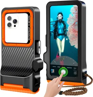 2025 Professiona Waterproof Phone Case, Outdoor Diving Snorkeling Swimming Surfing Underwater Touch Screen Housing Cover for iPhone 16 Pro Max Samsung S25 Ultra No More Than 6.9 Inch (Black Orange)