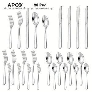 20pcs Stainless Steel Tableware Set, Metal Tableware Set, Dinner, Restaurant Supplies Including Knife/Fork/Spoon, Modern Design And Mirror Polishing, Dishwasher Safe