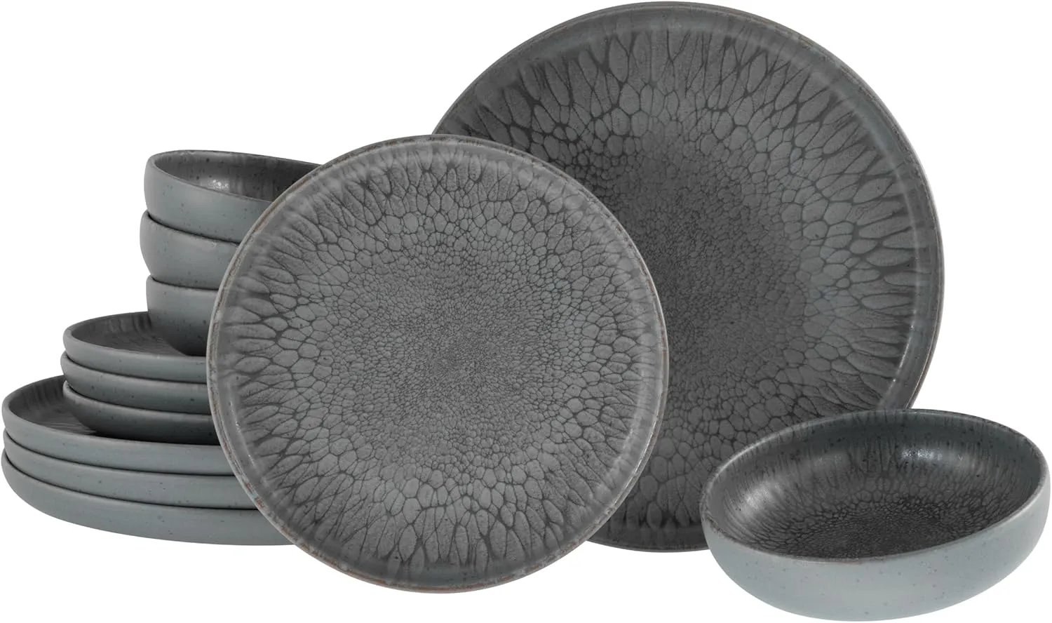 21621, Uno Volcano Series, 12-Piece Crockery Set, Stoneware Plate Set, Dishwasher and Microwave Safe, Made in Portugal, Charcoal