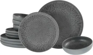 21621, Uno Volcano Series, 12-Piece Crockery Set, Stoneware Plate Set, Dishwasher and Microwave Safe, Made in Portugal, Charcoal