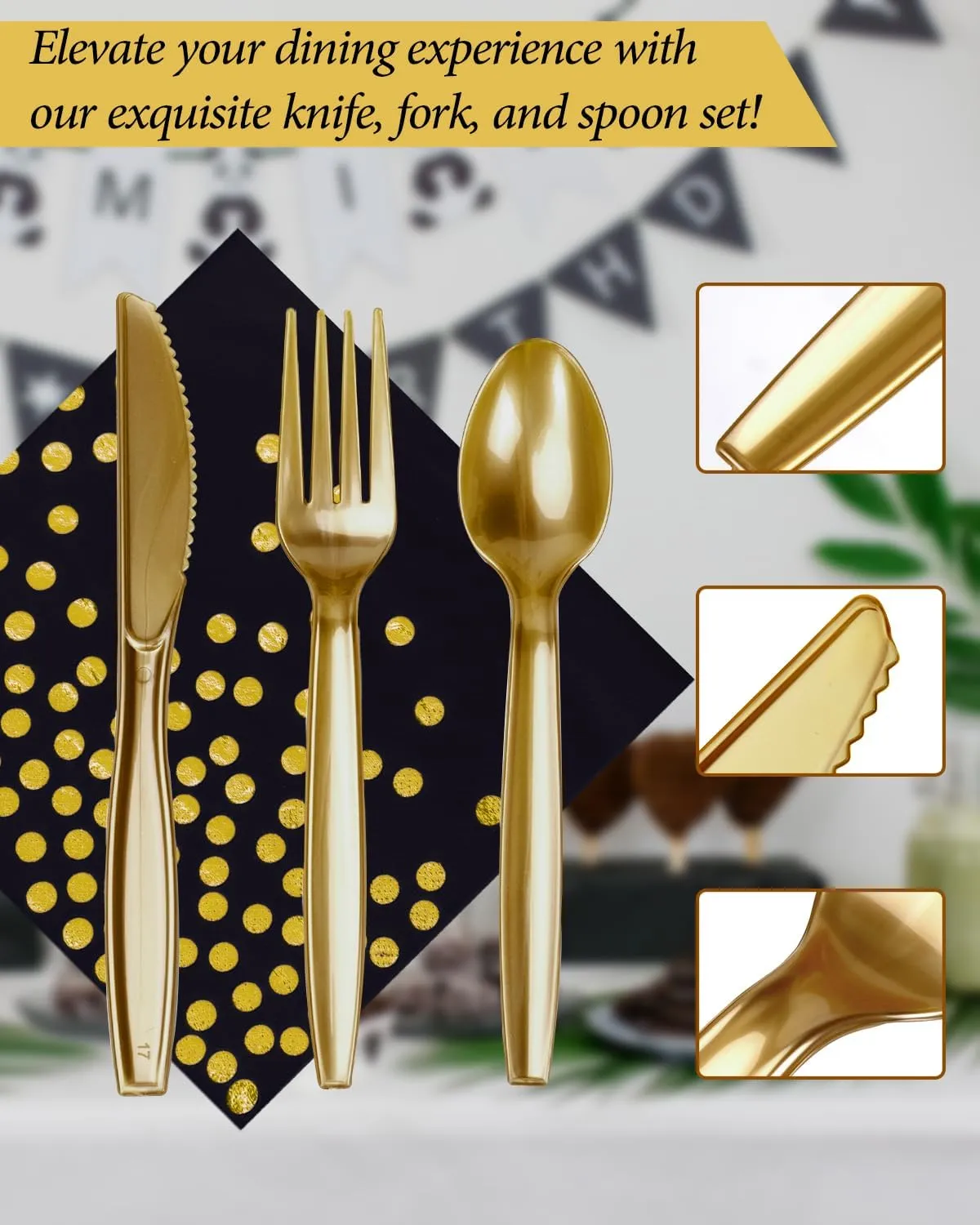 224 Pieces Party Supplies, Black and Gold Party Plates Cups and Napkins Sets with Plastic Knives forks spoons, Disposable Tableware Serves 32 Sets for Wedding, Birthday, Graduation, Festivals