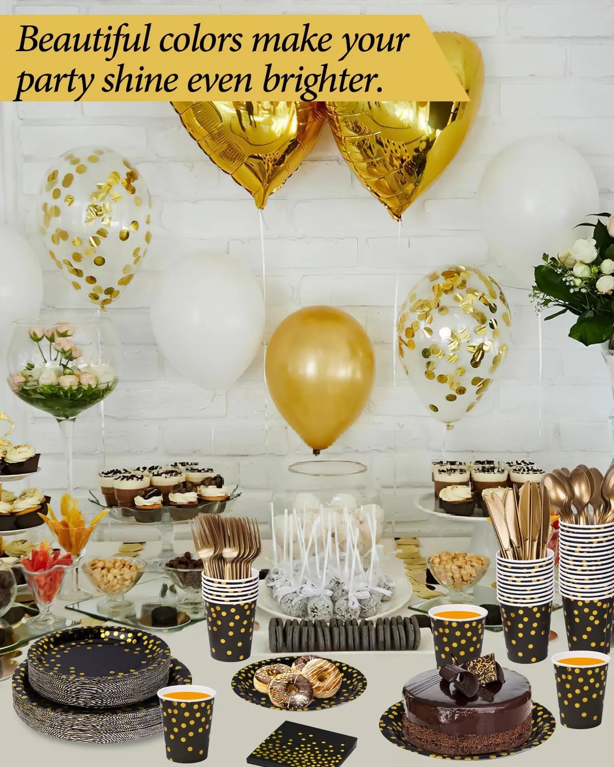 224 Pieces Party Supplies, Black and Gold Party Plates Cups and Napkins Sets with Plastic Knives forks spoons, Disposable Tableware Serves 32 Sets for Wedding, Birthday, Graduation, Festivals