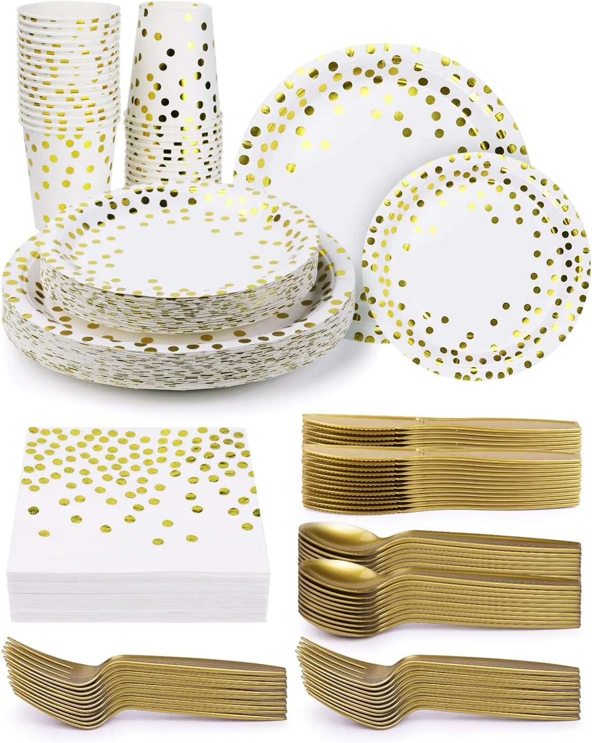 224 Pieces Party Supplies, White and Gold Dots Party Plates Cups and Napkins Sets with Plastic Knives forks spoons, Disposable Tableware Serves 32 Sets for Wedding, Birthday, Graduation, Festivals