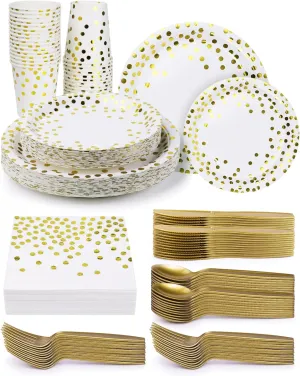 224 Pieces Party Supplies, White and Gold Dots Party Plates Cups and Napkins Sets with Plastic Knives forks spoons, Disposable Tableware Serves 32 Sets for Wedding, Birthday, Graduation, Festivals