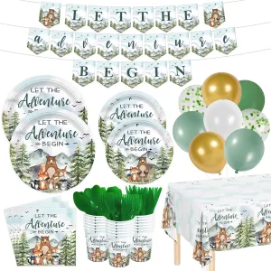 230pcs Let The Adventure Begin Party Supplies Baby Shower Plates Napkins Adventure Tableware Set Disposable Cups Forks Tablecloth Banner and Balloons for Baby Shower Party Decorations Serve 24