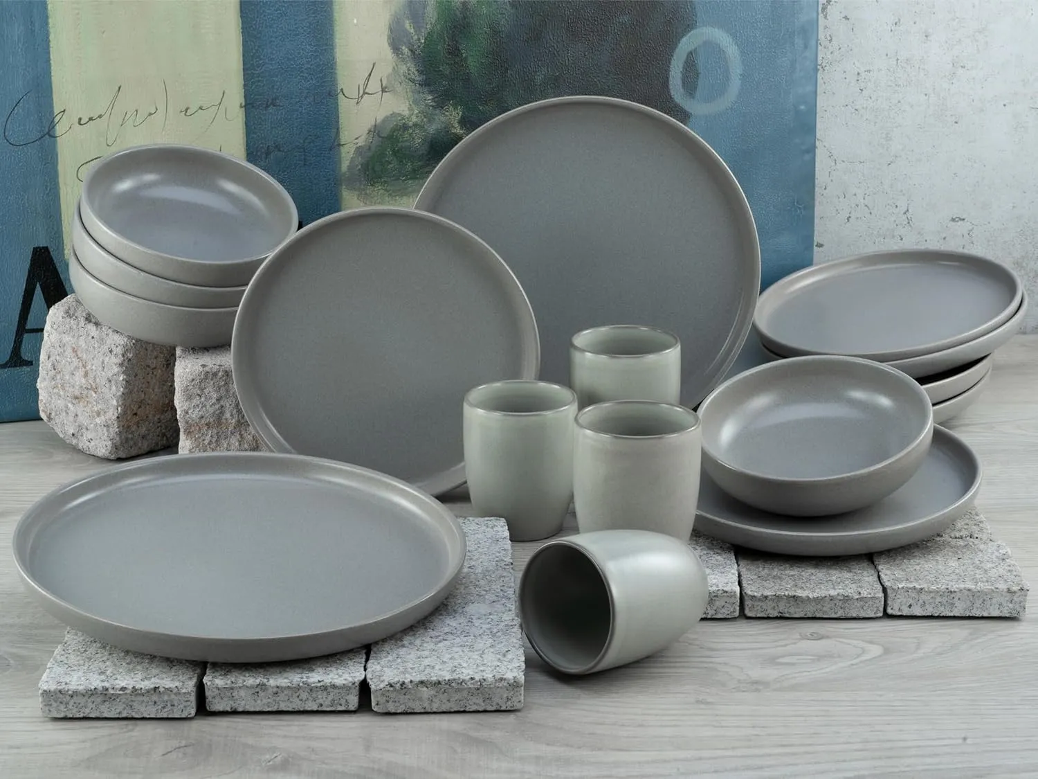 23582 Uno Grey 16-Piece Crockery Set, Stoneware Crockery Set