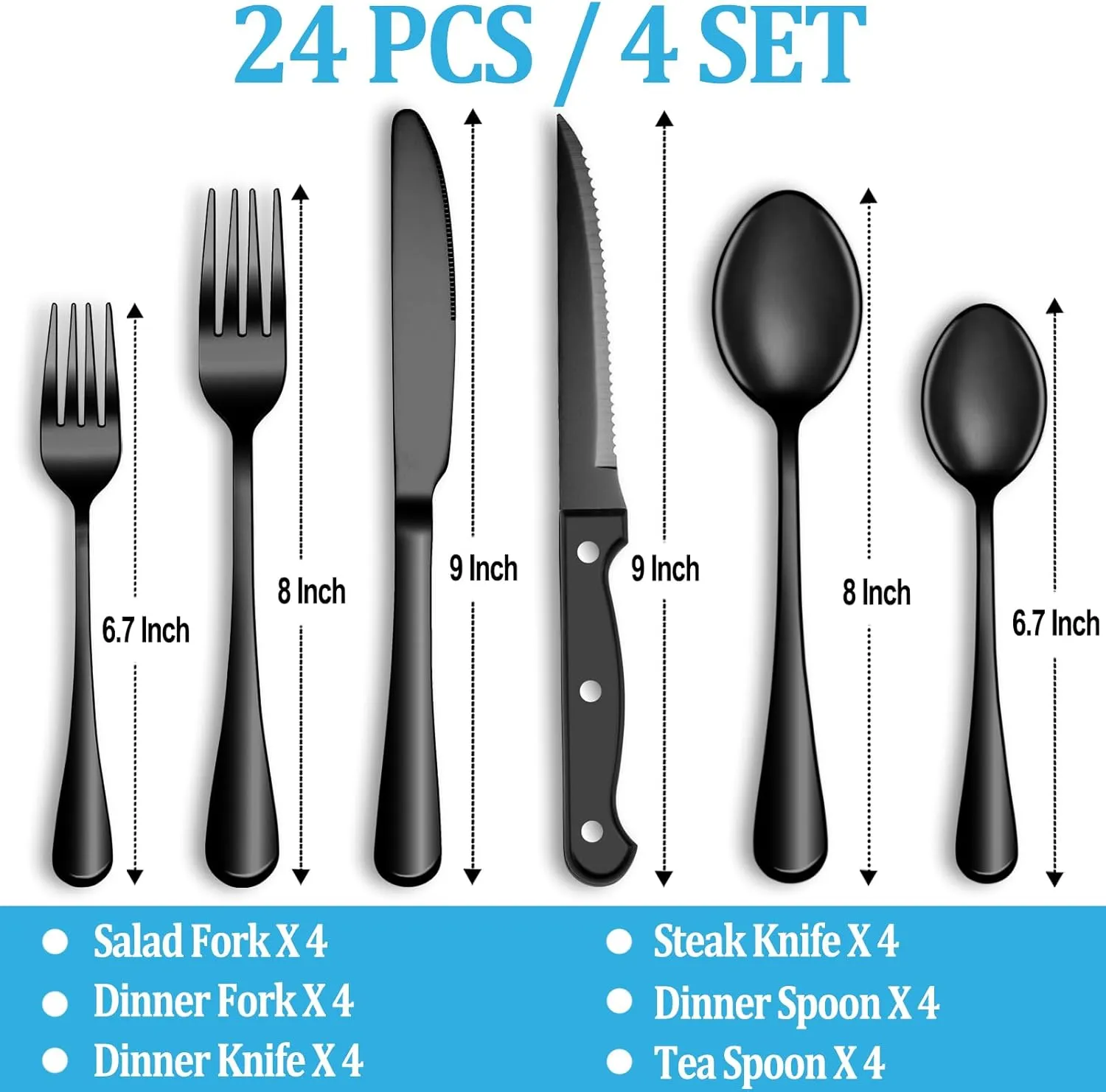 24 Pcs Black Silverware Set with Steak Knives, Stainless Steel Flatware Cutlery Set Service for 4, Kitchen Tableware Set, Utensil Set for Home and Restaurant, Knives Forks Spoon Set, Dishwasher Safe