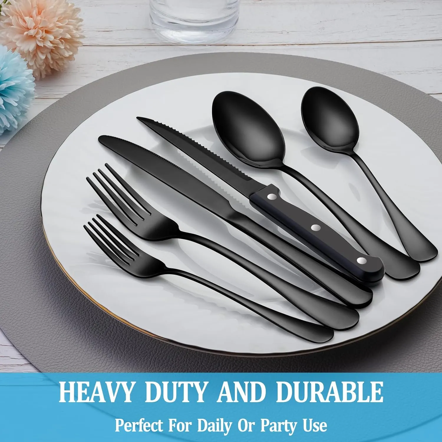 24 Pcs Black Silverware Set with Steak Knives, Stainless Steel Flatware Cutlery Set Service for 4, Kitchen Tableware Set, Utensil Set for Home and Restaurant, Knives Forks Spoon Set, Dishwasher Safe