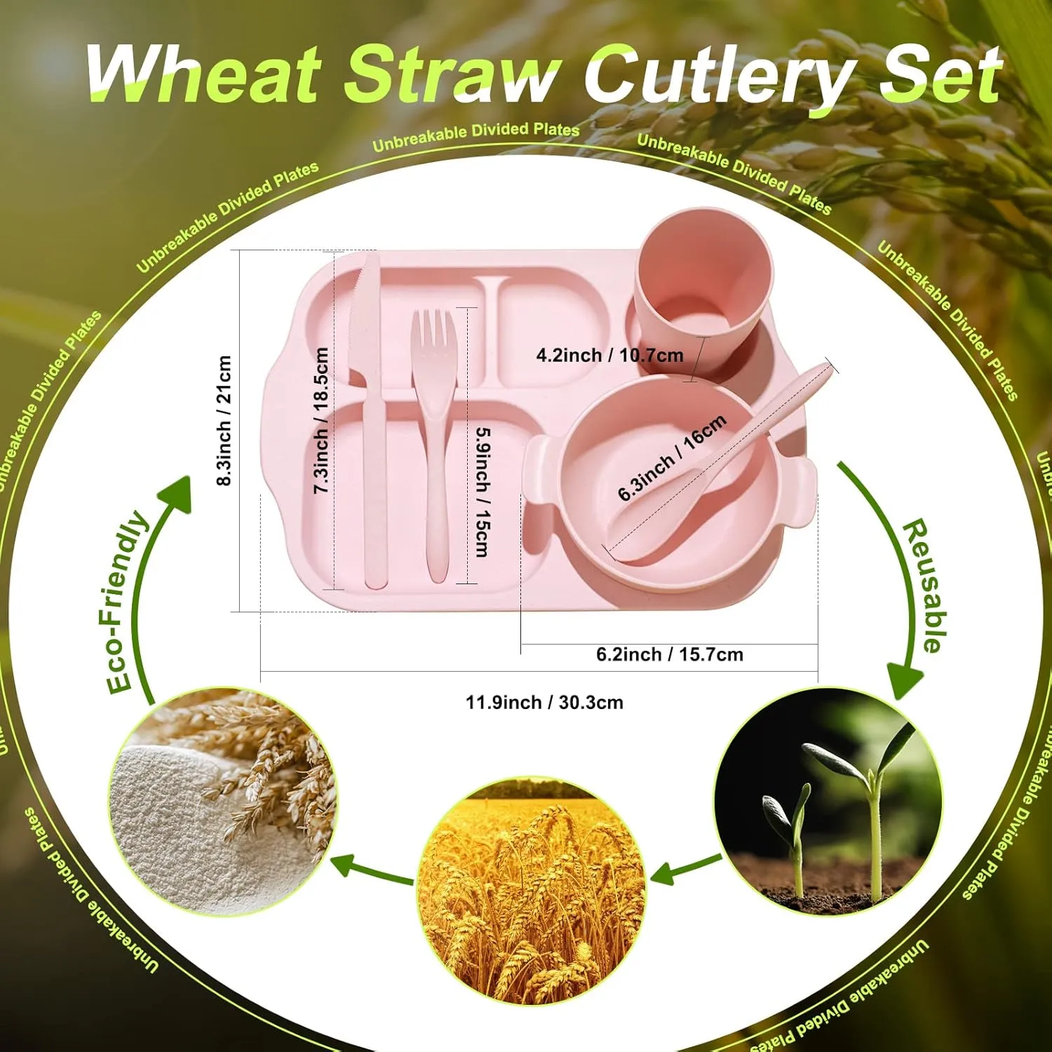 24 Pcs Wheat Straw Dinnerware Cutlery Set for Kids Toddler Aldult Including Divided Plates Microwave Dishwasher Safe Bowl Unbreakable Tableware Straw Cutlery Spoon Knife Fork(Beige/pink/green/blue)