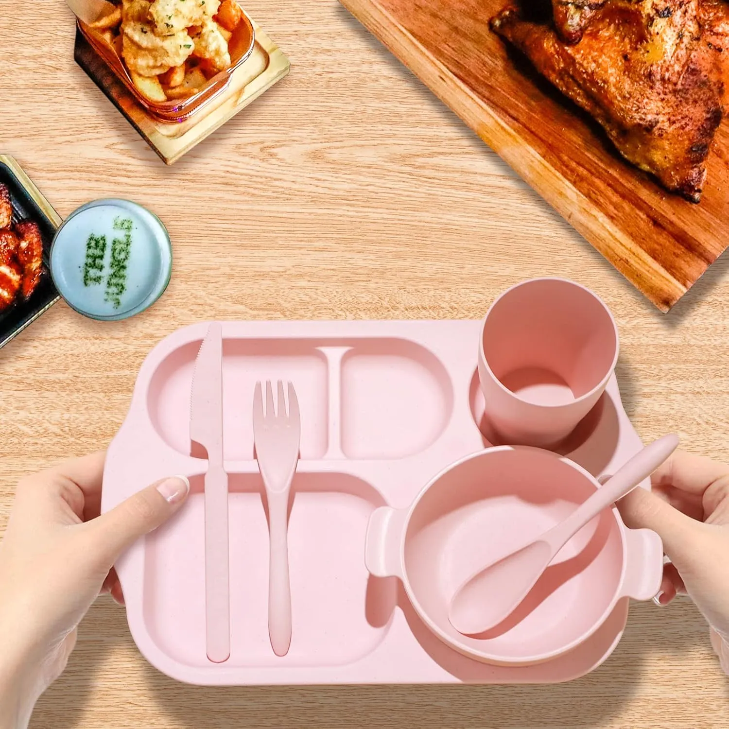 24 Pcs Wheat Straw Dinnerware Cutlery Set for Kids Toddler Aldult Including Divided Plates Microwave Dishwasher Safe Bowl Unbreakable Tableware Straw Cutlery Spoon Knife Fork(Beige/pink/green/blue)