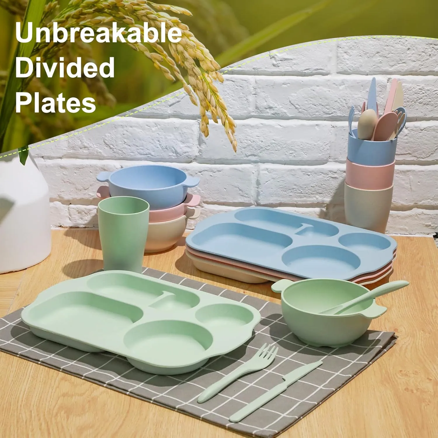 24 Pcs Wheat Straw Dinnerware Cutlery Set for Kids Toddler Aldult Including Divided Plates Microwave Dishwasher Safe Bowl Unbreakable Tableware Straw Cutlery Spoon Knife Fork(Beige/pink/green/blue)