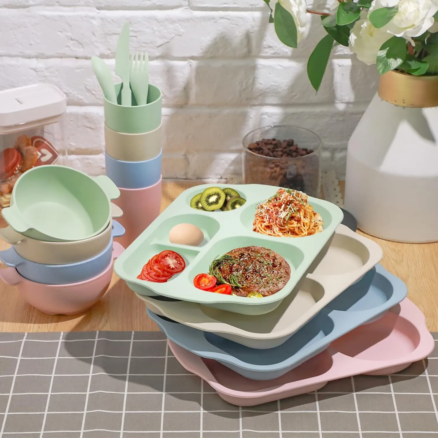 24 Pcs Wheat Straw Dinnerware Cutlery Set for Kids Toddler Aldult Including Divided Plates Microwave Dishwasher Safe Bowl Unbreakable Tableware Straw Cutlery Spoon Knife Fork(Beige/pink/green/blue)