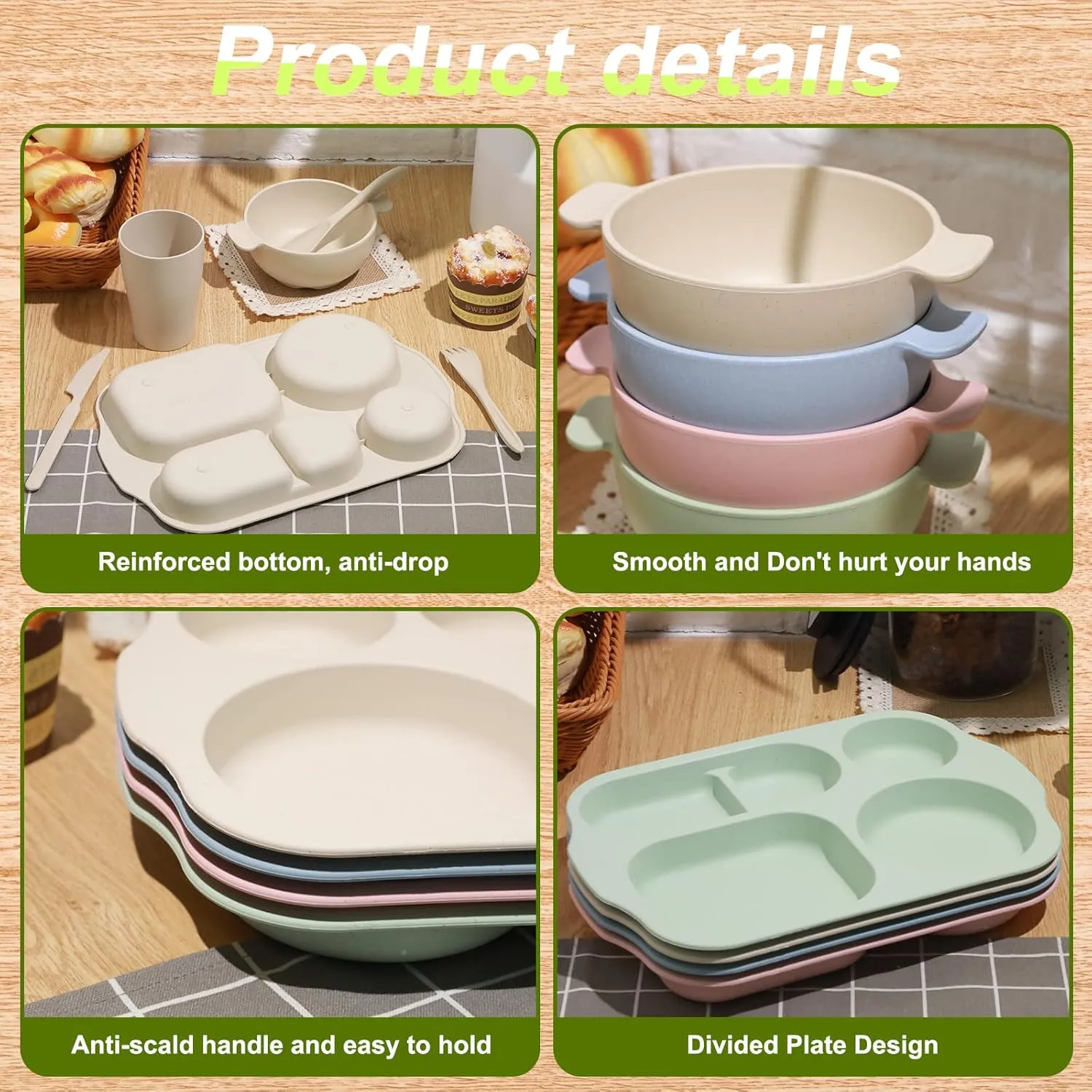 24 Pcs Wheat Straw Dinnerware Cutlery Set for Kids Toddler Aldult Including Divided Plates Microwave Dishwasher Safe Bowl Unbreakable Tableware Straw Cutlery Spoon Knife Fork(Beige/pink/green/blue)