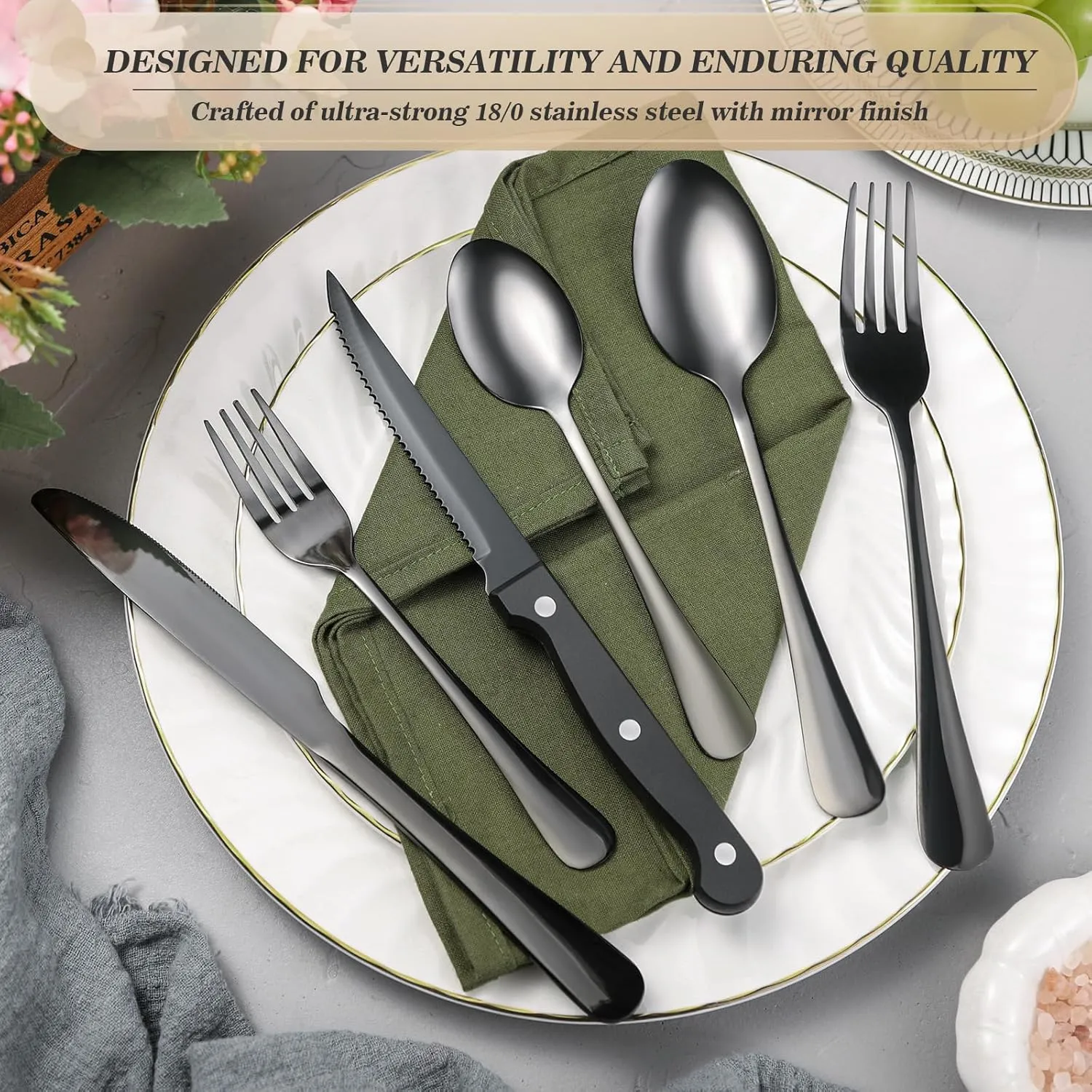 24-Piece Black Silverware Set with Organizer，Heavy Duty Stainless Steel Flatware Cutlery Tableware Set for 4，Includes 6-Compartment Silverware Tray with Cutlery Icons，Tableware Set with Steak Knives