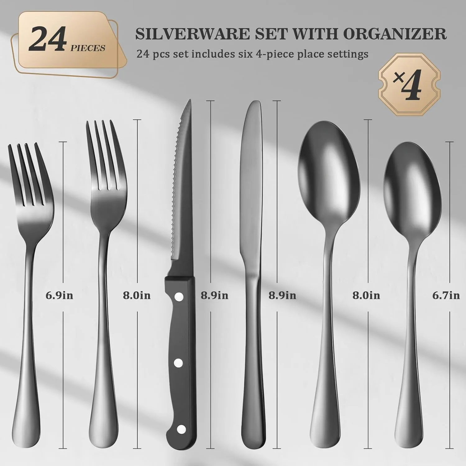 24-Piece Black Silverware Set with Organizer，Heavy Duty Stainless Steel Flatware Cutlery Tableware Set for 4，Includes 6-Compartment Silverware Tray with Cutlery Icons，Tableware Set with Steak Knives