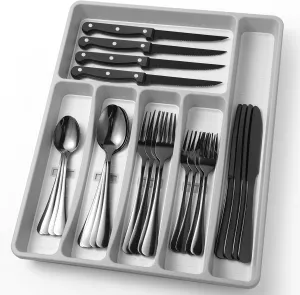 24-Piece Black Silverware Set with Organizer，Heavy Duty Stainless Steel Flatware Cutlery Tableware Set for 4，Includes 6-Compartment Silverware Tray with Cutlery Icons，Tableware Set with Steak Knives