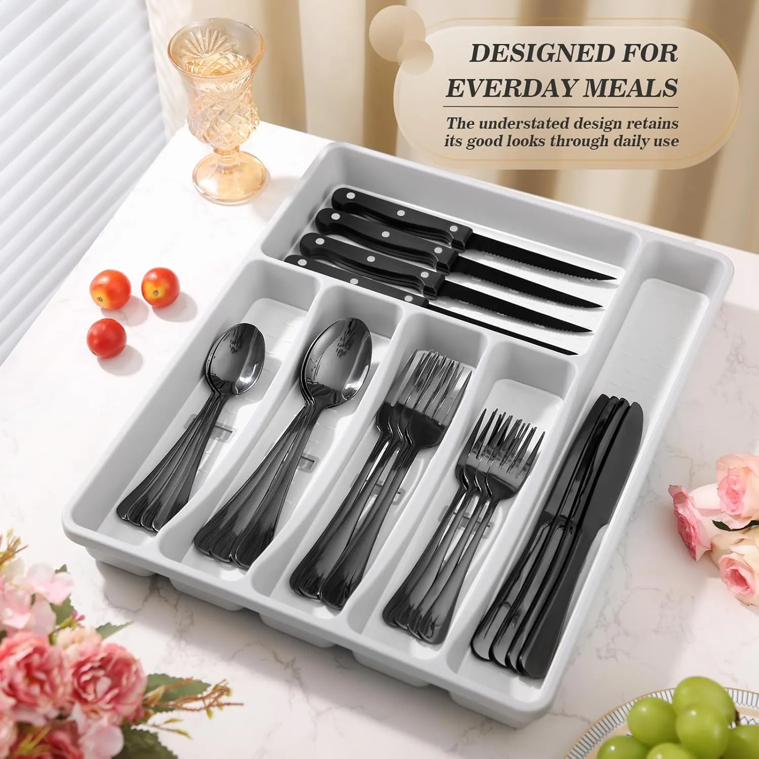 24-Piece Black Silverware Set with Organizer，Heavy Duty Stainless Steel Flatware Cutlery Tableware Set for 4，Includes 6-Compartment Silverware Tray with Cutlery Icons，Tableware Set with Steak Knives
