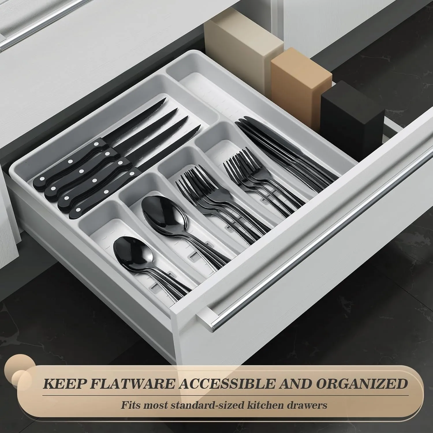 24-Piece Black Silverware Set with Organizer，Heavy Duty Stainless Steel Flatware Cutlery Tableware Set for 4，Includes 6-Compartment Silverware Tray with Cutlery Icons，Tableware Set with Steak Knives