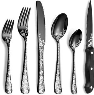 24-Piece Black Silverware Set with Steak Knife, Stainless Steel Flatware Cutlery Set Service for 4, Mirror Polished Tableware Eating Utensils Set for Home Kitchen, Dishwasher Safe