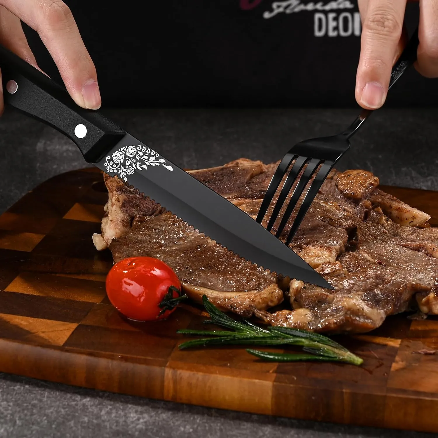 24-Piece Black Silverware Set with Steak Knife, Stainless Steel Flatware Cutlery Set Service for 4, Mirror Polished Tableware Eating Utensils Set for Home Kitchen, Dishwasher Safe