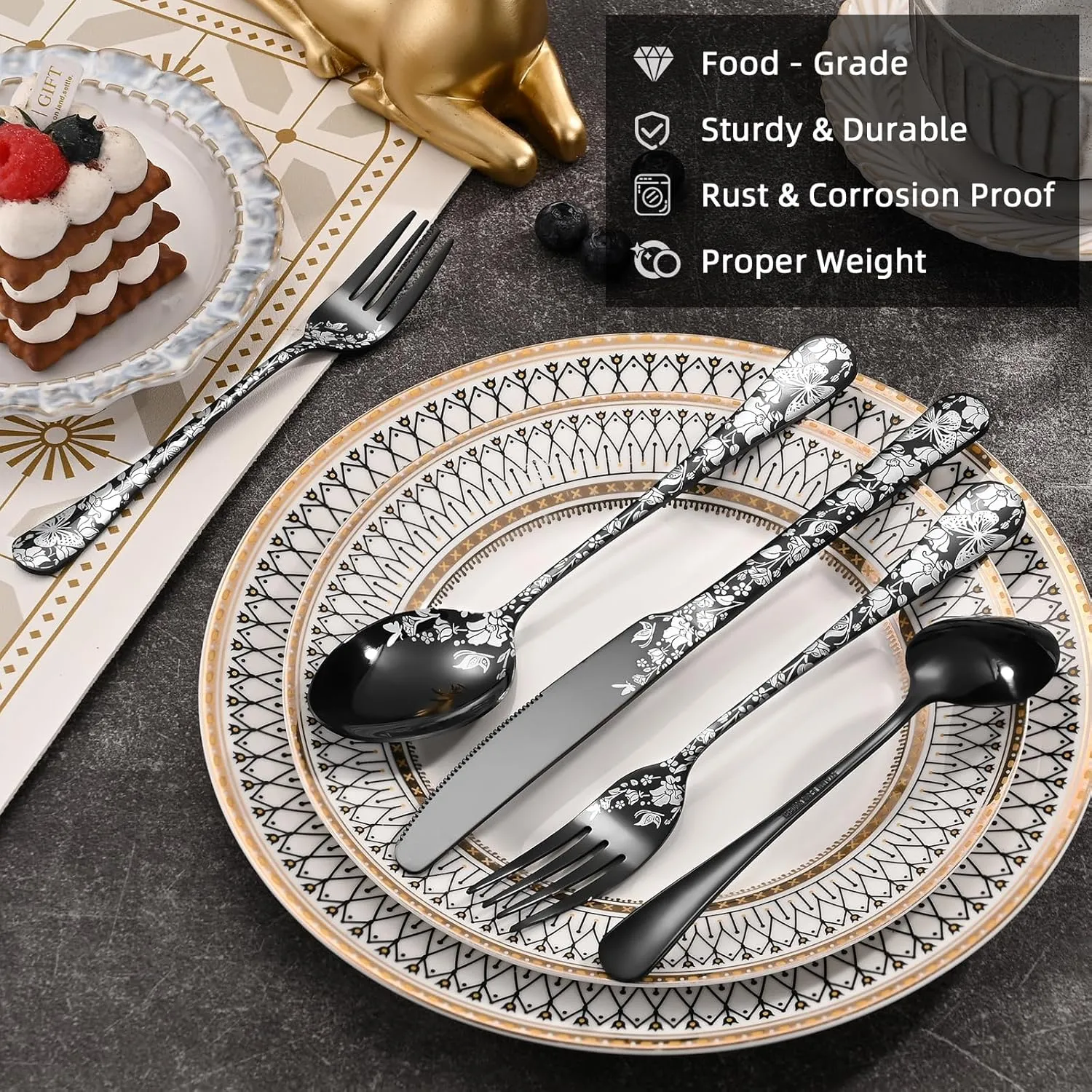 24-Piece Black Silverware Set with Steak Knife, Stainless Steel Flatware Cutlery Set Service for 4, Mirror Polished Tableware Eating Utensils Set for Home Kitchen, Dishwasher Safe