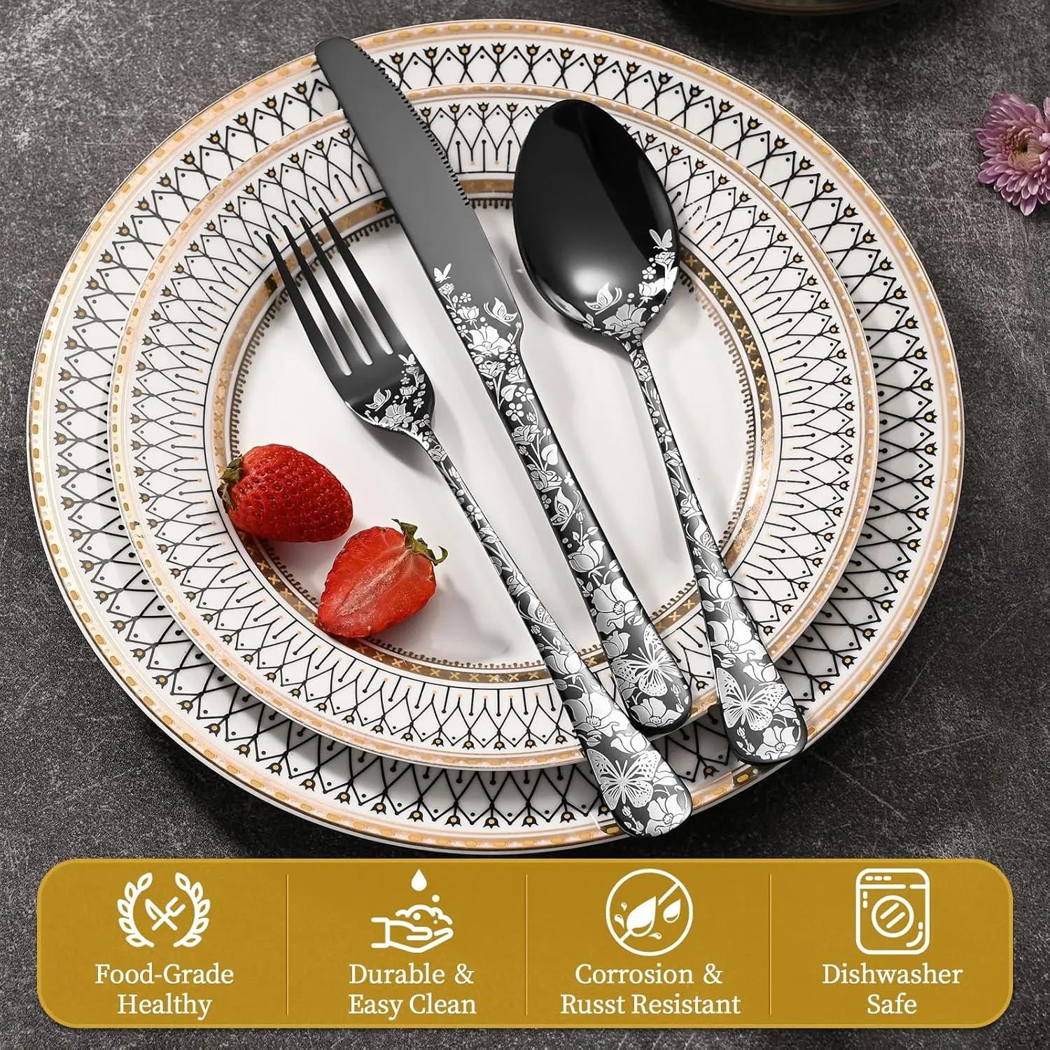 24-Piece Black Silverware Set with Steak Knife, Stainless Steel Flatware Cutlery Set Service for 4, Mirror Polished Tableware Eating Utensils Set for Home Kitchen, Dishwasher Safe