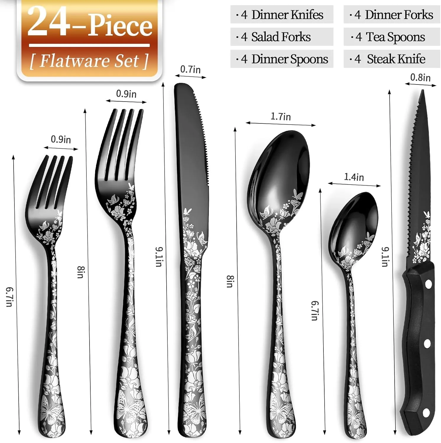 24-Piece Black Silverware Set with Steak Knife, Stainless Steel Flatware Cutlery Set Service for 4, Mirror Polished Tableware Eating Utensils Set for Home Kitchen, Dishwasher Safe
