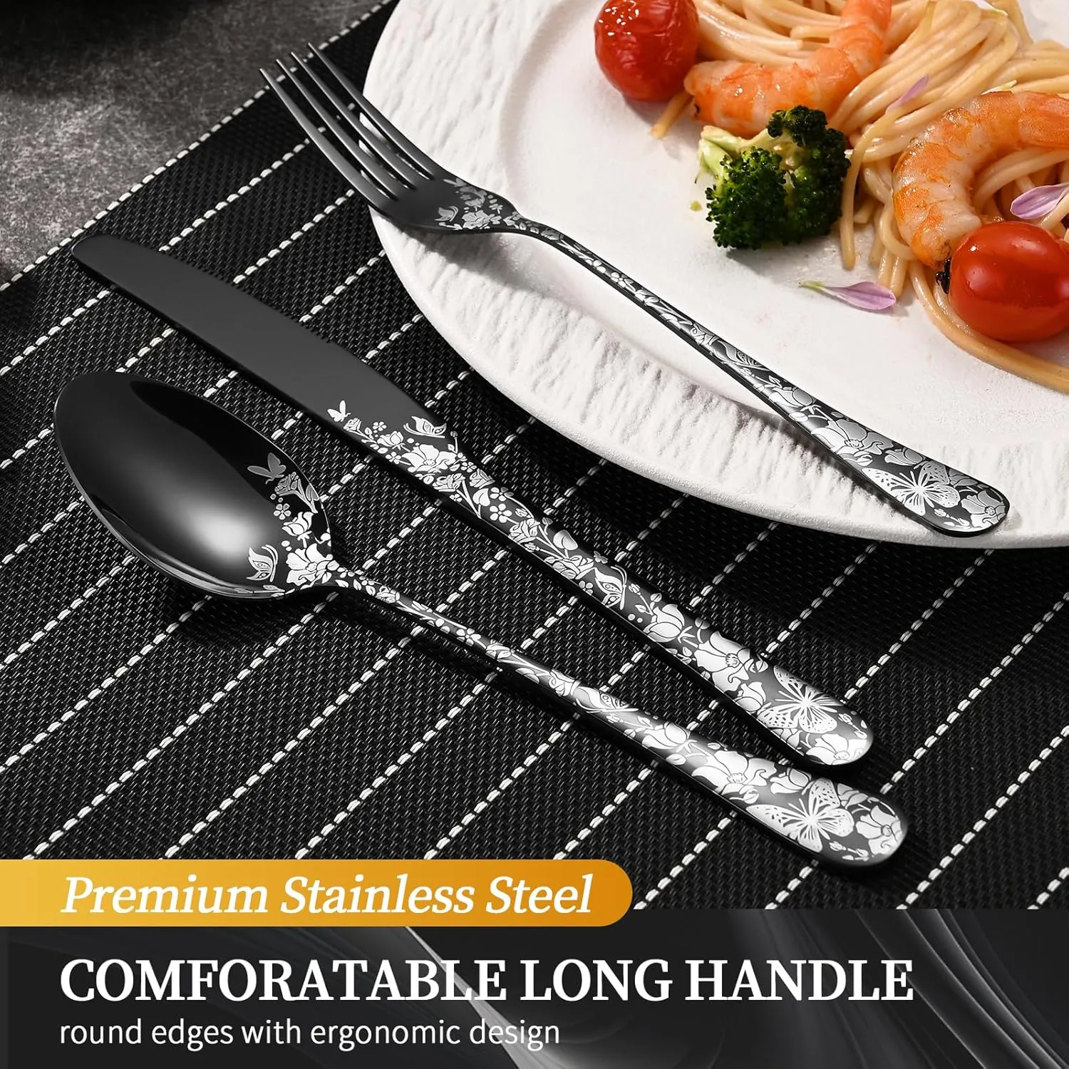 24-Piece Black Silverware Set with Steak Knife, Stainless Steel Flatware Cutlery Set Service for 4, Mirror Polished Tableware Eating Utensils Set for Home Kitchen, Dishwasher Safe