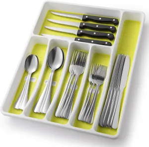 24-Piece Silverware Set with Organizer，Heavy Duty Stainless Steel Flatware Cutlery Tableware Set for 4，Includes 6-Compartment Silverware Tray with Cutlery Icons，Tableware Set with Steak Knives