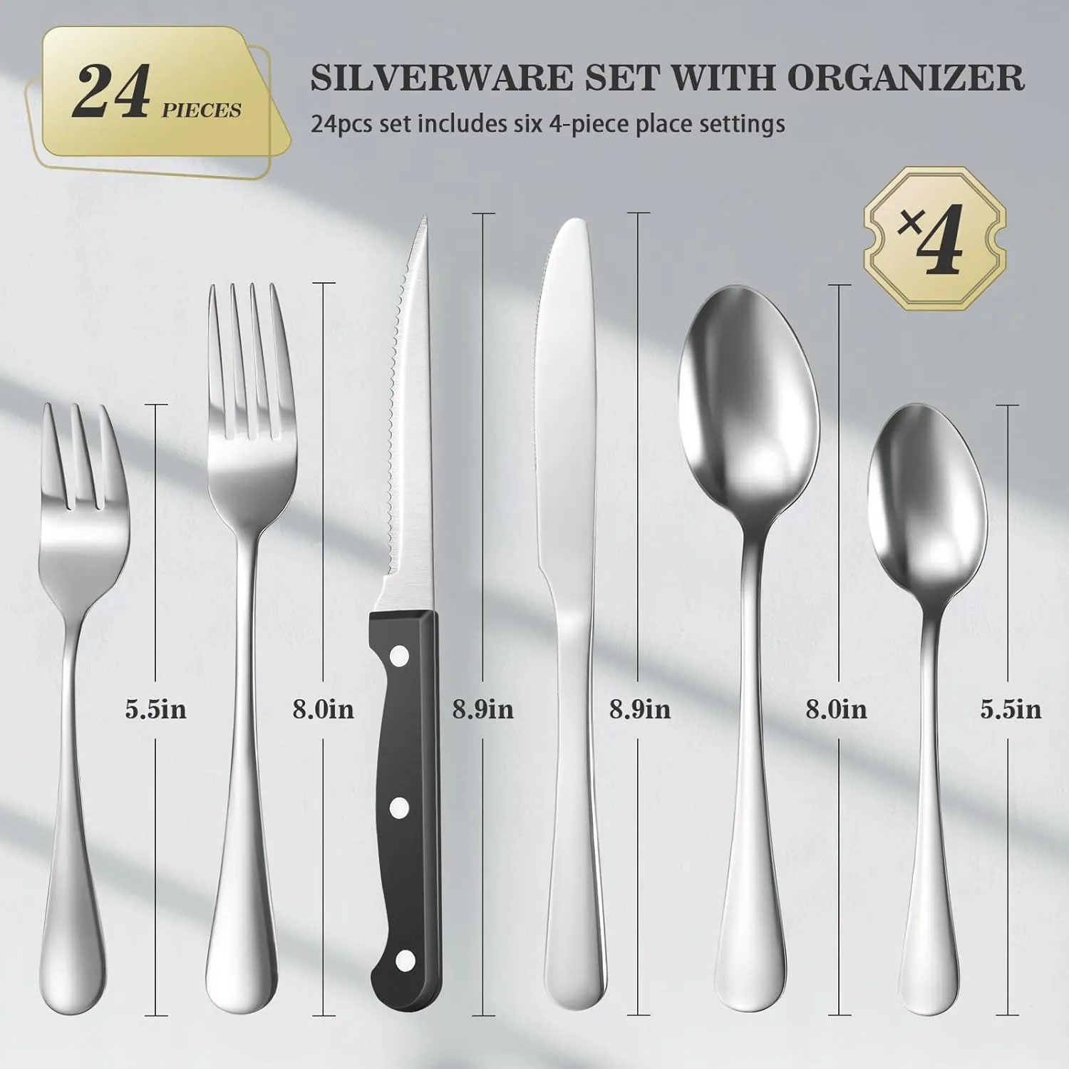 24-Piece Silverware Set with Organizer，Heavy Duty Stainless Steel Flatware Cutlery Tableware Set for 4，Includes 6-Compartment Silverware Tray with Cutlery Icons，Tableware Set with Steak Knives