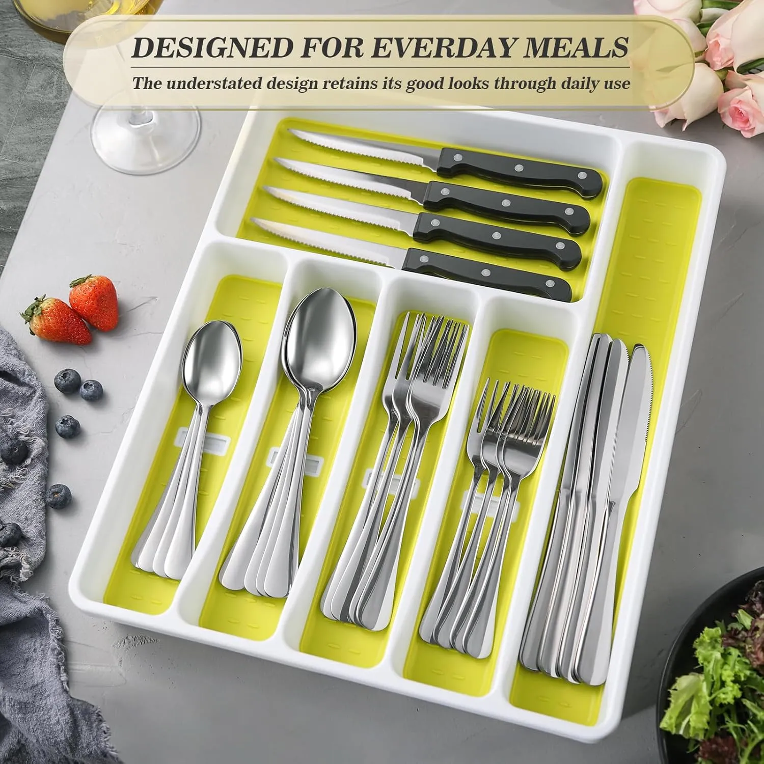 24-Piece Silverware Set with Organizer，Heavy Duty Stainless Steel Flatware Cutlery Tableware Set for 4，Includes 6-Compartment Silverware Tray with Cutlery Icons，Tableware Set with Steak Knives