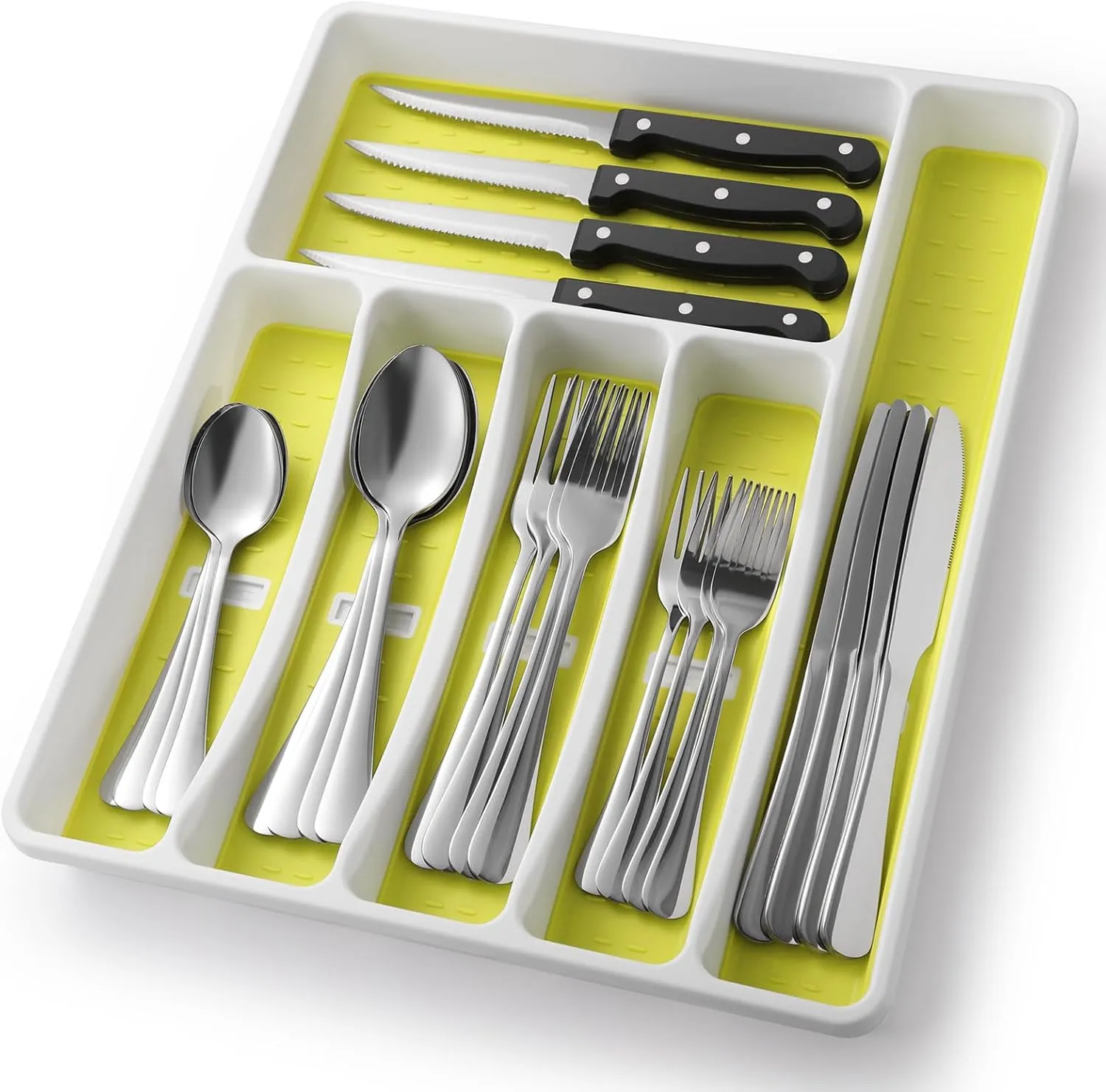 24-Piece Silverware Set with Organizer，Heavy Duty Stainless Steel Flatware Cutlery Tableware Set for 4，Includes 6-Compartment Silverware Tray with Cutlery Icons，Tableware Set with Steak Knives