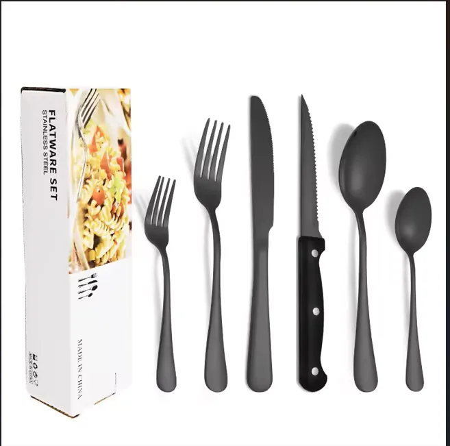 24 Piece Stainless Steel Tableware Set With Steak Knives & Dessert Spoons In Colour Box Packaging