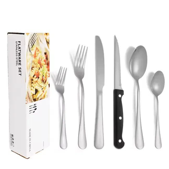 24 Piece Stainless Steel Tableware Set With Steak Knives & Dessert Spoons In Colour Box Packaging