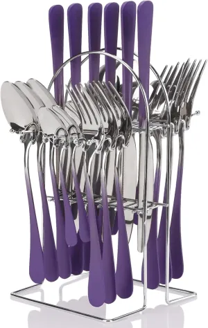 24 Pieces Flatware Set, Stainless Steel Cutlery Set with Silverware Holder, Modern Eating Tableware Set Includes Dinner Knives Forks Spoons,Hanging Silverware Set Service for 6 (Purple)