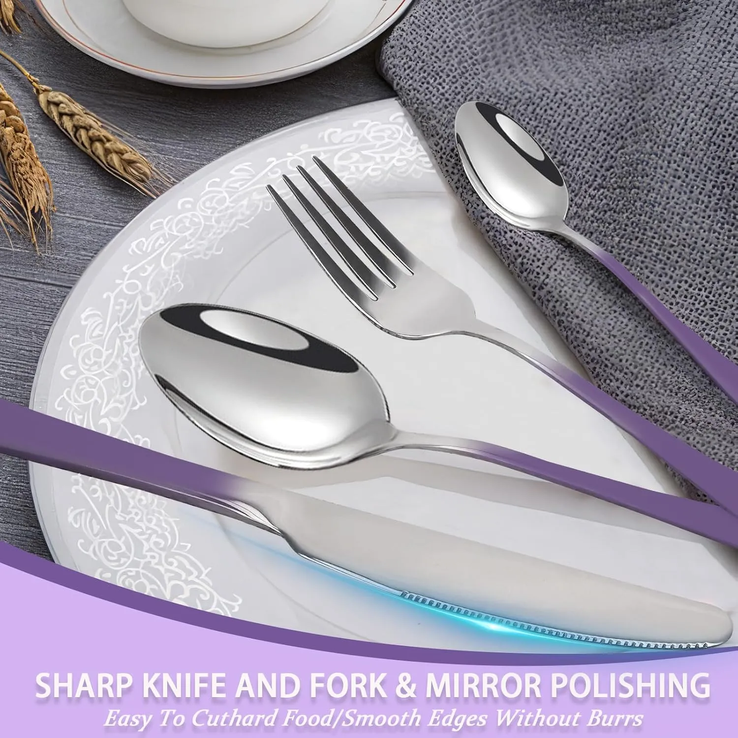 24 Pieces Flatware Set, Stainless Steel Cutlery Set with Silverware Holder, Modern Eating Tableware Set Includes Dinner Knives Forks Spoons,Hanging Silverware Set Service for 6 (Purple)