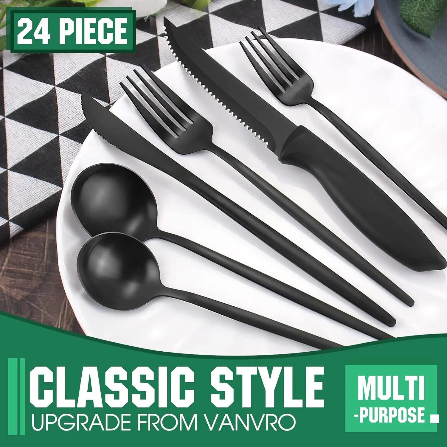 24 Pieces Matte Black Silverware Set with Steak Knives, Satin Finish tableware Cutlery Set, Home and Restaurant, Service for 4, Dishwasher Safe