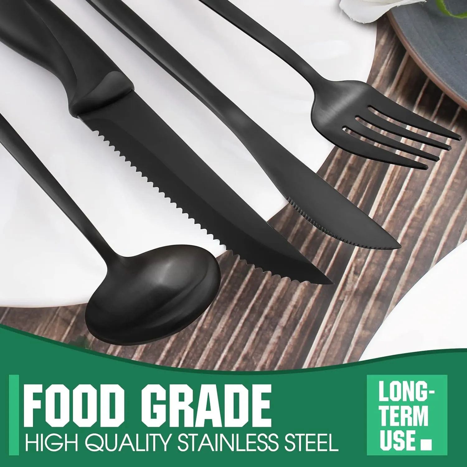 24 Pieces Matte Black Silverware Set with Steak Knives, Satin Finish tableware Cutlery Set, Home and Restaurant, Service for 4, Dishwasher Safe