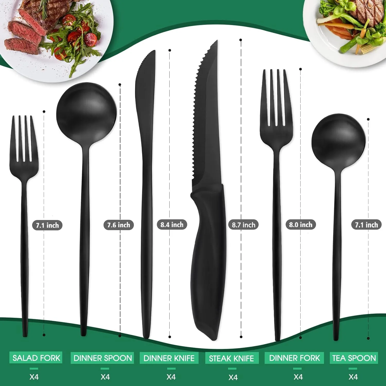 24 Pieces Matte Black Silverware Set with Steak Knives, Satin Finish tableware Cutlery Set, Home and Restaurant, Service for 4, Dishwasher Safe