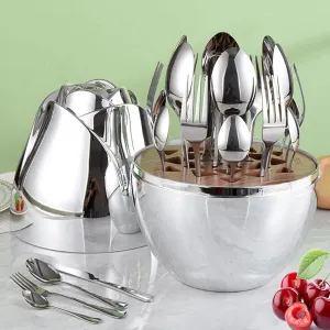 24pcs Stainless Steel Flatware Set, Rose Shape Cutlery Set, Mirror Polished Tableware Eating Utensils Set For 6, Tableware Cutlery Knife Fork Spoon Set, For Home Restaurant,Color-A