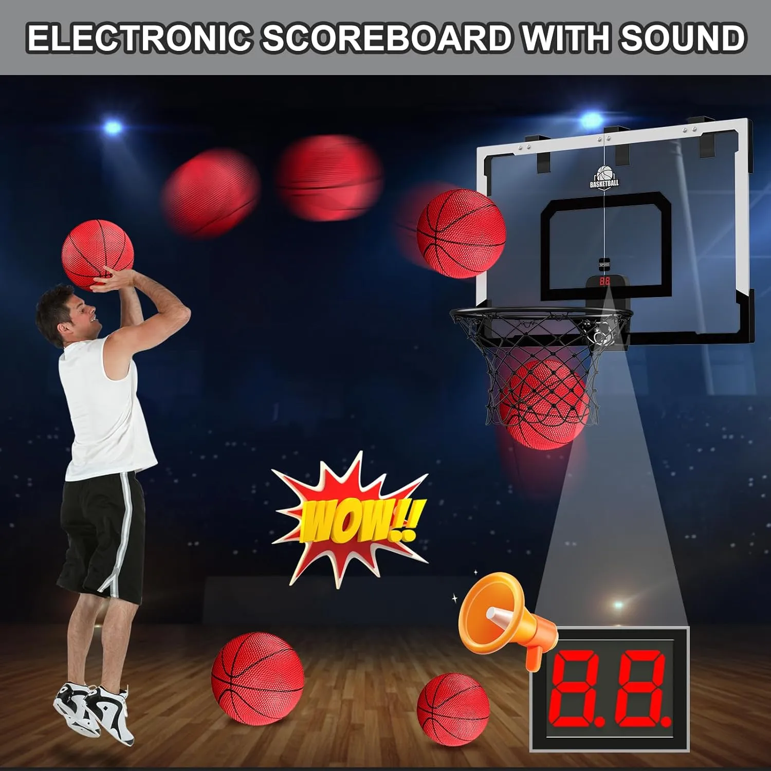 24" x 16" Large Basketball Hoop Indoor for Adults, Over The Door Basketball Hoop with Sturdy Backboard/Electronic Scoreboard, Basketball Toys Gifts Ideas for Man Kids Teens Boys Girls, Black