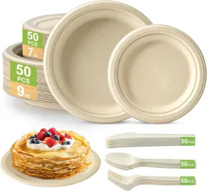 250 Pack Biodegradable Paper Plates Set, 7 9 Inch Compostable Plates with Cutlery,Eco-Friendly Disposable Tableware made from Sugarcane,suitable for Parties,Picnics,Birthday Parties