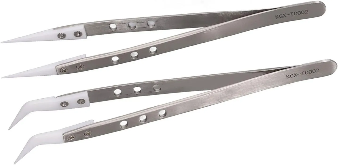 2Pcs Maintenance Tweezers Stainless Steel Ceramic Straight And Curved Tweezers Ideal For Electronic Repair Tools With Wide Application And Durable Material